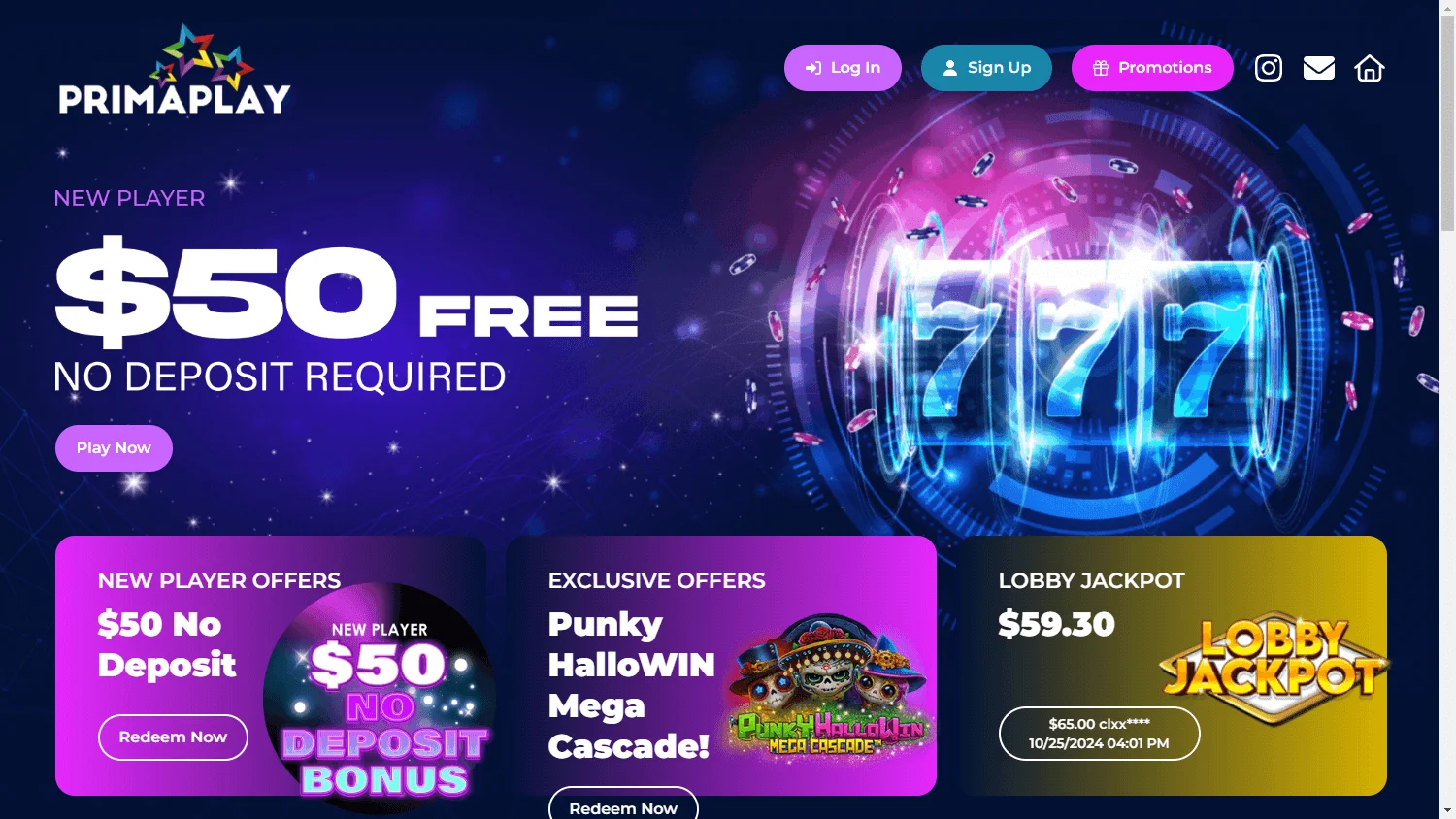 Primaplay casino lobby on desktop